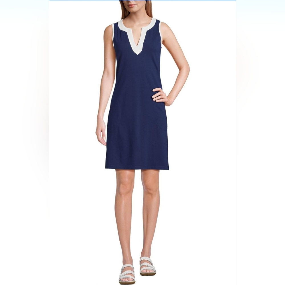 Women's XS Lands' End Splitneck Swim Cover-Up Dress Deep Sea Naby White